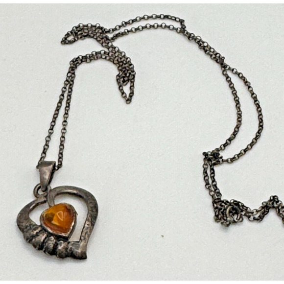 Vintage Sterling Silver Natural Baltic Amber Oval Heart 18" Necklace Chain 24" - Picture 3 of 5